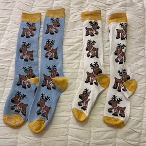 Reindeer Patterned Blue and White Socks
